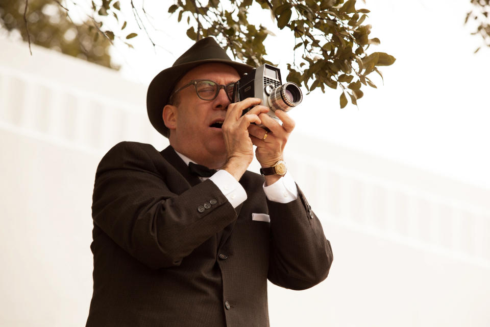 This film image released by Exclusive Media Entertainment shows Paul Giamatti as Abraham Zapruder in a scene from "Parkland." Giamatti plays the unlikely documentarian in the new film “Parkland,” which arrives in theater’s just before the 50th anniversary of the Nov. 22, 1963 assassination. The film recounts the chaotic events that occurred in and around the eponymous hospital after the president was brought there with hopes of saving his life. (AP Photo/ Exclusive Media Entertainment, Claire Folger)