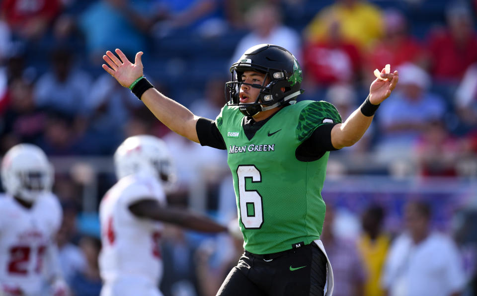 BOCA RATON, FL – DECEMBER 02: Mason Fine #6 of the North Texas Mean Green gestures during the Conference USA Championship game against the Florida Atlantic Owls at FAU Stadium on December 2, 2017 in Boca Raton, Florida. (Photo by Rob Foldy/Getty Images) *** Local Caption *** Mason Fine