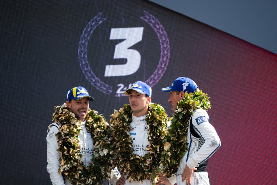 LE MANS, FRANCE - JUNE 11: The podium (L to R): Earl Bamber of New Zealand, Alex Lynn of Great Britain, Richard Westbrook of Great Britain #02 Cadillac Racing, third, at the 100th anniversary of the 24 Hours of Le Mans at the Circuit de la Sarthe on June 11, 2023 in Le Mans, France. (Photo by James Moy Photography/Getty Images)