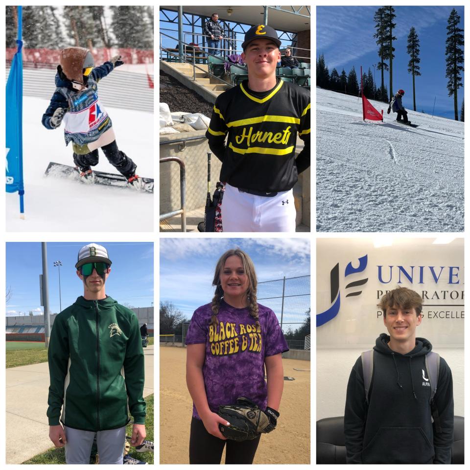 Shasta senior snowboarder Emma Sease (top left), Enterprise sophomore pitcher Levi Ross (top center), Shasta sophomore snowboarder Stella Hightower (top right), Red Bluff freshman pitcher Cooper Sides (bottom left), Anderson sophomore pitcher Elisea Wiegand (bottom center) and U-Prep junior snowboarder Owen Asbill (bottom right) are the Shasta Family Athletes of the Week.