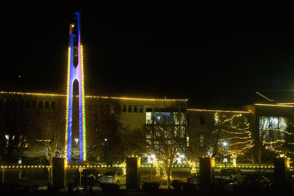 From Yager Stadium to the bell tower and Memorial Union, buildings and sculptures at Washburn University are covered in lights as part of the Winter Walk seasonal event happening now through Feb. 6, 2023.