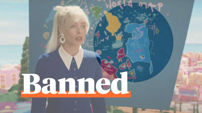 A still from the 2023 Barbie movie with a picture of a map of Vietnam with the word banned underlined