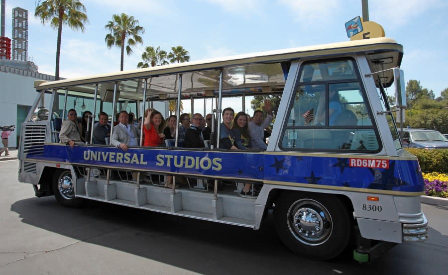 UNIVERSAL CITY, CA – JUNE 02: TV personality Jimmy Fallon (R, waving) hosts “Tram-tastic” Day at Universal Studios Hollywood on June 2, 2011 in Universal City, California. (Photo by David Livingston/Getty Images)