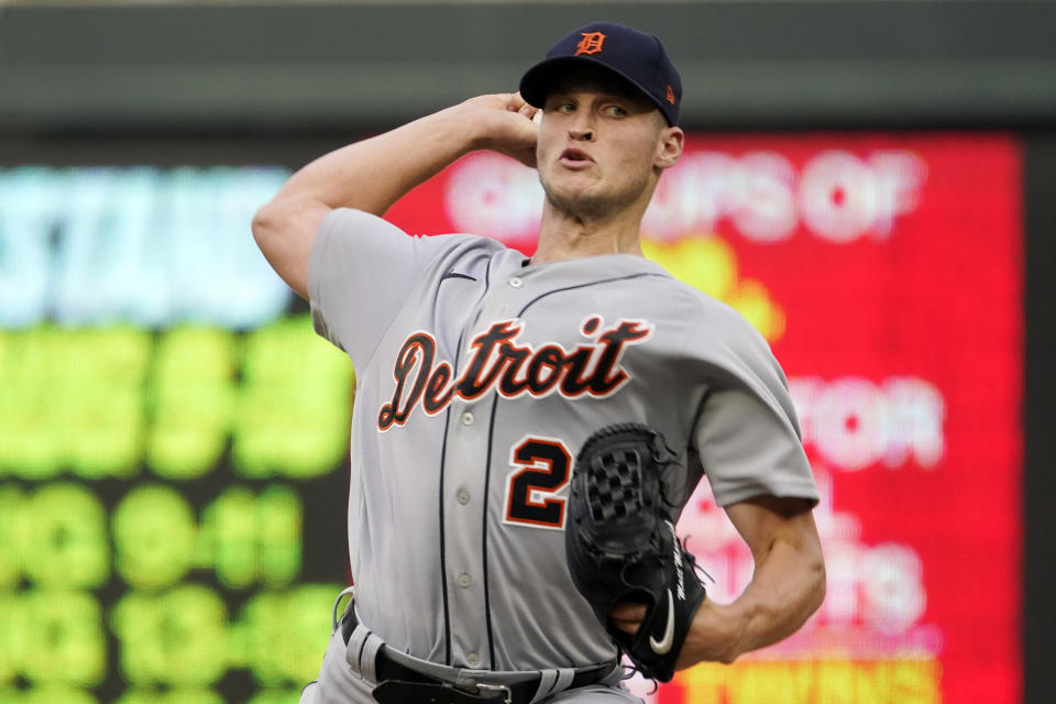Detroit Tigers pitcher Matt Manning throws against the Minnesota Twins in the first inning of a baseball game, Monday, July 26, 2021, in Minneapolis. (AP Photo/Jim Mone)