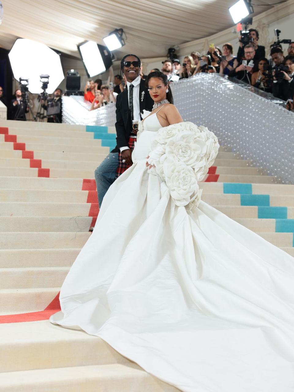 new york, new york may 01 l r a$ap rocky and rihanna attend the 2023 met gala celebrating karl lagerfeld a line of beauty at the metropolitan museum of art on may 01, 2023 in new york city photo by dimitrios kambourisgetty images for the met museumvogue