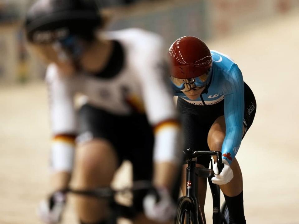 Canada's Mathias Guillemette, right, finished second in the men's elimination race in the fourth round of the UCI Track Champions League in London, England on Friday. (@Equipe_Canada/Twitter - image credit)