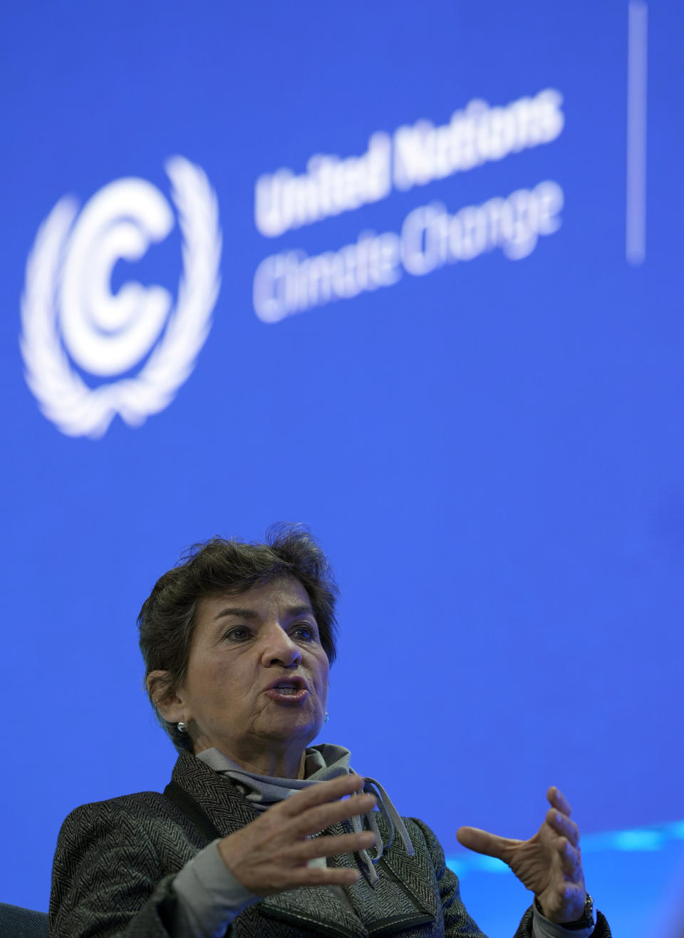 Christiana Figueres, former UN climate chief who led the 2015 Paris accord, speaks to The Associated Press in Glasgow, Scotland, Sunday, Oct. 31, 2021. The U.N. climate summit in Glasgow formally opens Sunday, a day before leaders from around the world gather in Scotland's biggest city to lay out their vision for addressing the common challenge of global warming. (AP Photo/Alastair Grant)