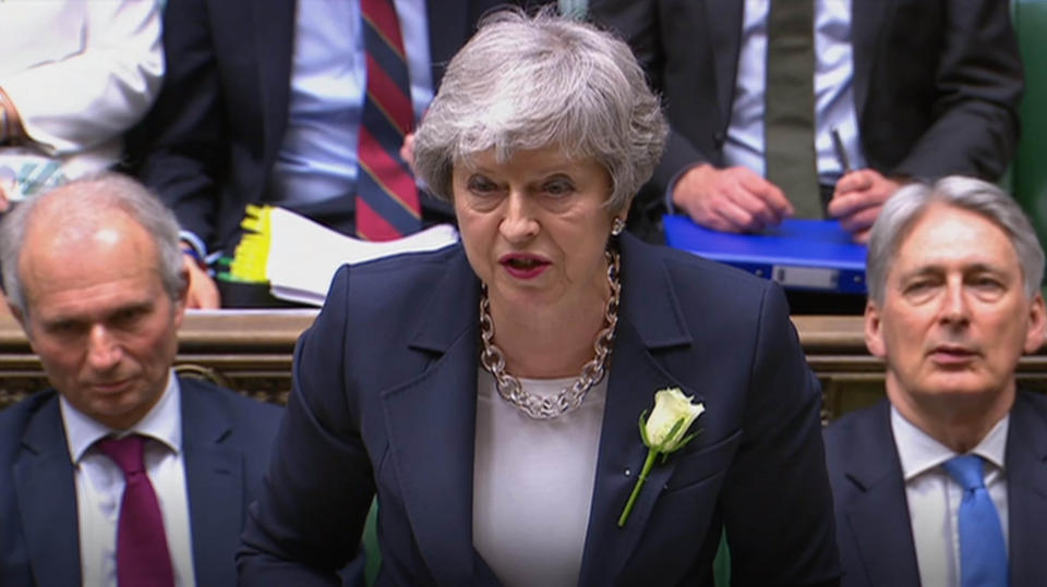 Prime Minister Theresa May speaks during Prime Minister's Questions in the House of Commons, London.