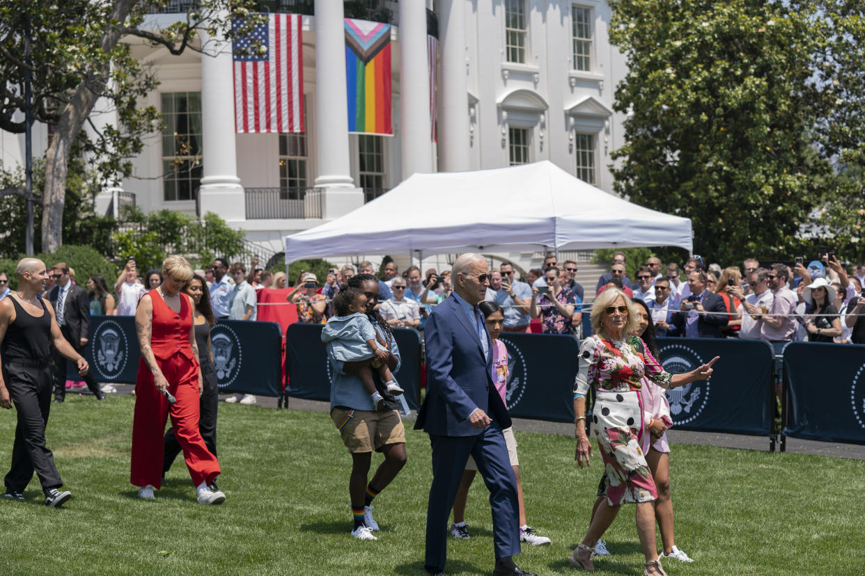 President Biden and first lady Jill Biden arrive for a Pride Month celebration on the South Lawn of the White House, Saturday, June 10, 2023, in Washington. (Manuel Balce Ceneta/AP)