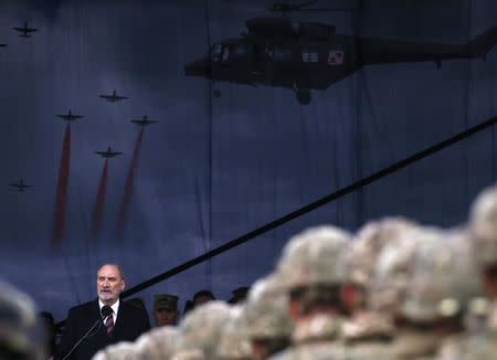 Polish Defence Minister Antoni Macierewicz speaks during U.S.-led NATO troops welcoming ceremony at polygon near Orzysz, Poland, April 13, 2017. REUTERS/Kacper Pempel