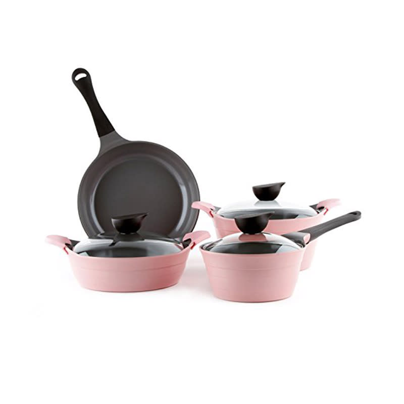 <a rel="nofollow noopener" href="http://amzn.to/2sIiA2M" target="_blank" data-ylk="slk:Eela 7 Piece Ceramic Nonstick Cookware Set In Pink, Neoflam, $125;elm:context_link;itc:0;sec:content-canvas" class="link ">Eela 7 Piece Ceramic Nonstick Cookware Set In Pink, Neoflam, $125</a>