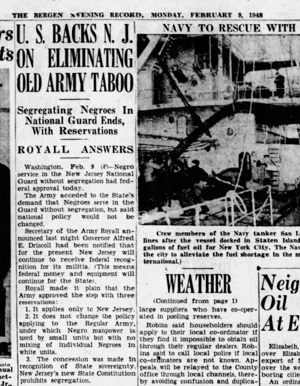 News that New Jersey would drop segregation in its National Guard units was published on Feb. 9, 1948 in The Record.