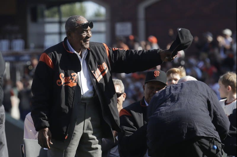 Former San Francisco Giants player Willie Mays waves during a ceremony honoring Giants manager Bruce Bochy after a baseball game between the Giants and the Los Angeles Dodgers in San Francisco in 2019. File Photo by Jeff Chiu/UPI