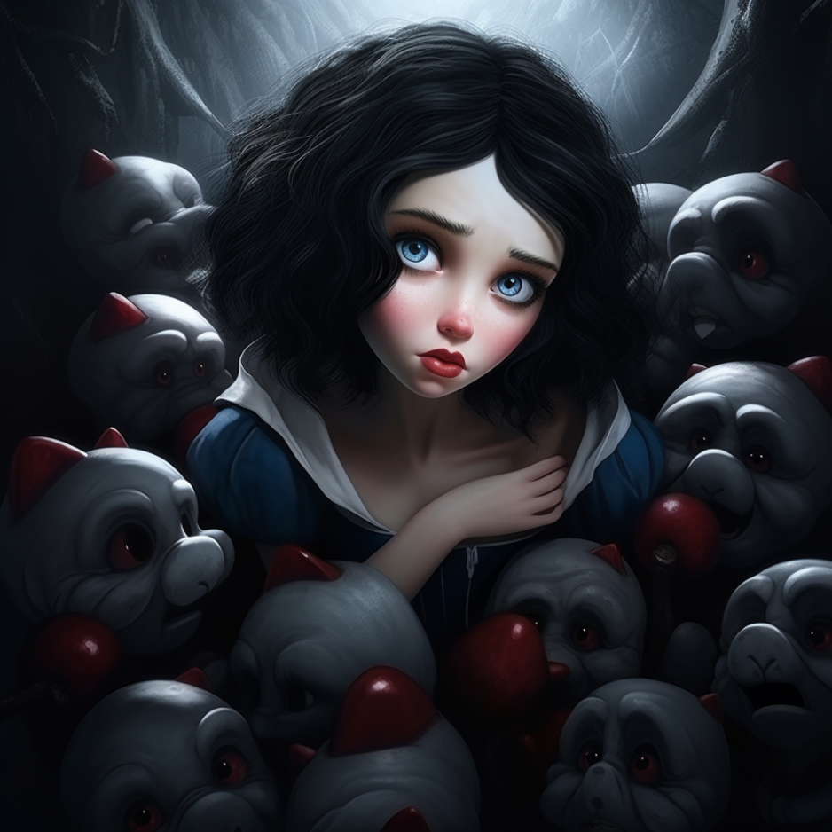Snow White has a group of more than seven dwarves surrounding her so tightly she can't move