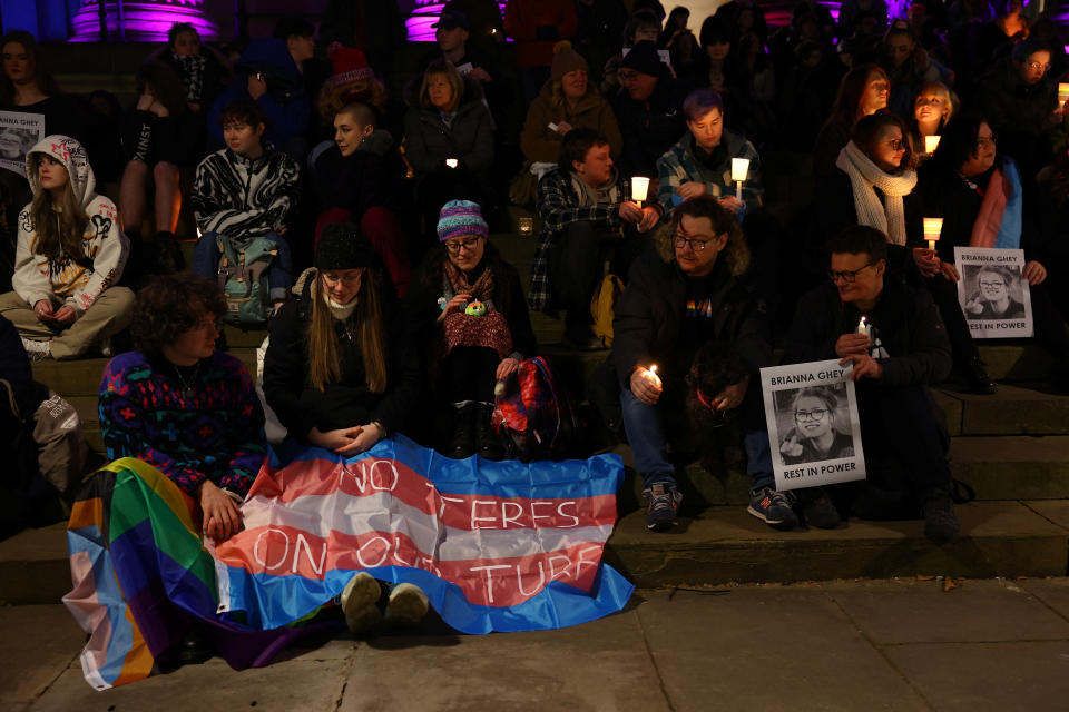 People attend a vigil in memory of Brianna Ghey, at St. George's Hall in Liverpool, Britain, February 14, 2023. REUTERS/Molly Darlington