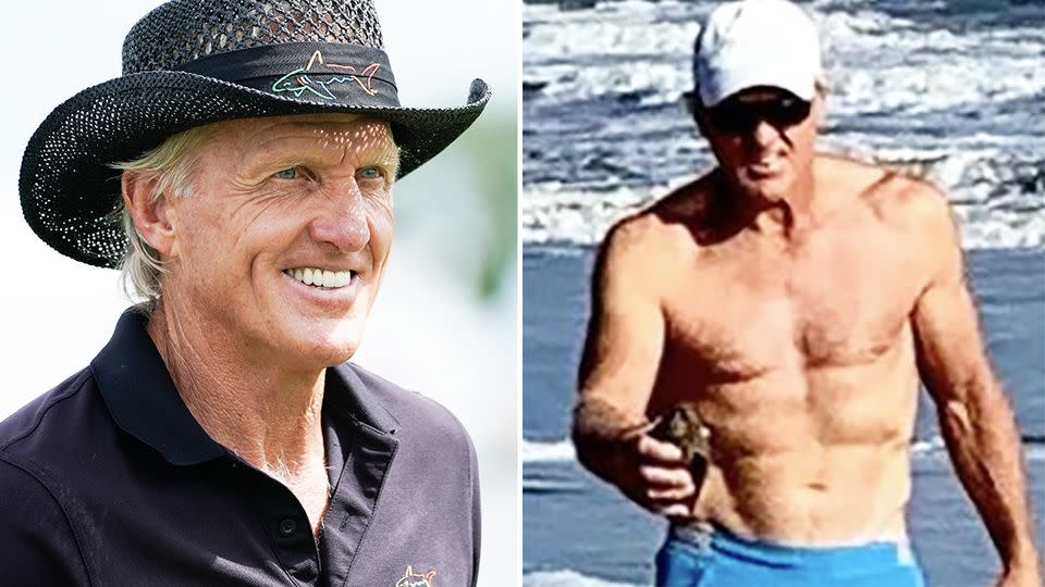 Greg Norman is pictured left at a golfing and enjoying a day at the beach in the image on the right.