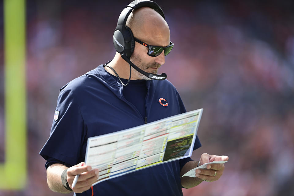 Chicago Bears head coach Matt Nagy looks on during the second half of an NFL football game against the Cleveland Browns, Sunday, Sept. 26, 2021, in Cleveland. (AP Photo/David Dermer)