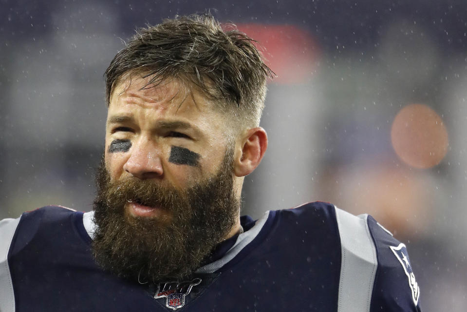 FILE - This is a Nov. 24, 2019, file photo showing New England Patriots wide receiver Julian Edelman during an NFL football game against the Dallas Cowboys at Gillette Stadium in Foxborough, Mass. Edelman said he hopes that recent anti-Semitic social media posts by Philadelphia Eagles receiver DeSean Jackson can be a teaching moment not just for him but others as well. In a video posted to Instagram Thursday, July 9, 2020, Edelman joined the Eagles, NFL and others who have condemned Jackson’s posts over the weekend.(AP Photo/Winslow Townson, File)