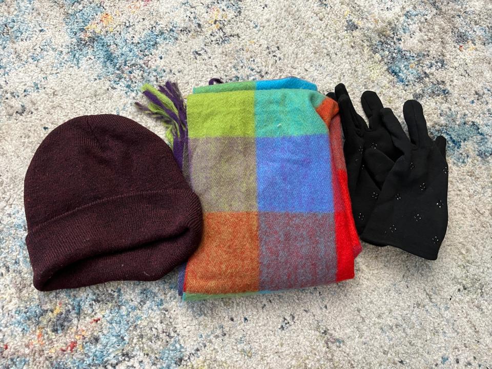 A hat, scarf, and gloves.