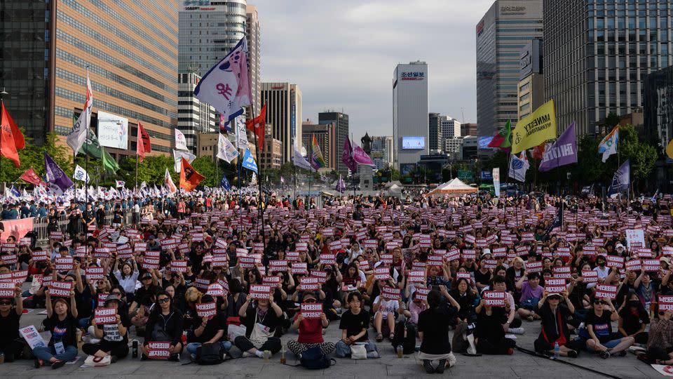 Protesters hold placards reading 'Abolish punishment for abortion' as they protest South Korean abortion laws in Gwanghwamun plaza in Seoul on July 7, 2018. - Ed Jones/AFP/Getty Images/File