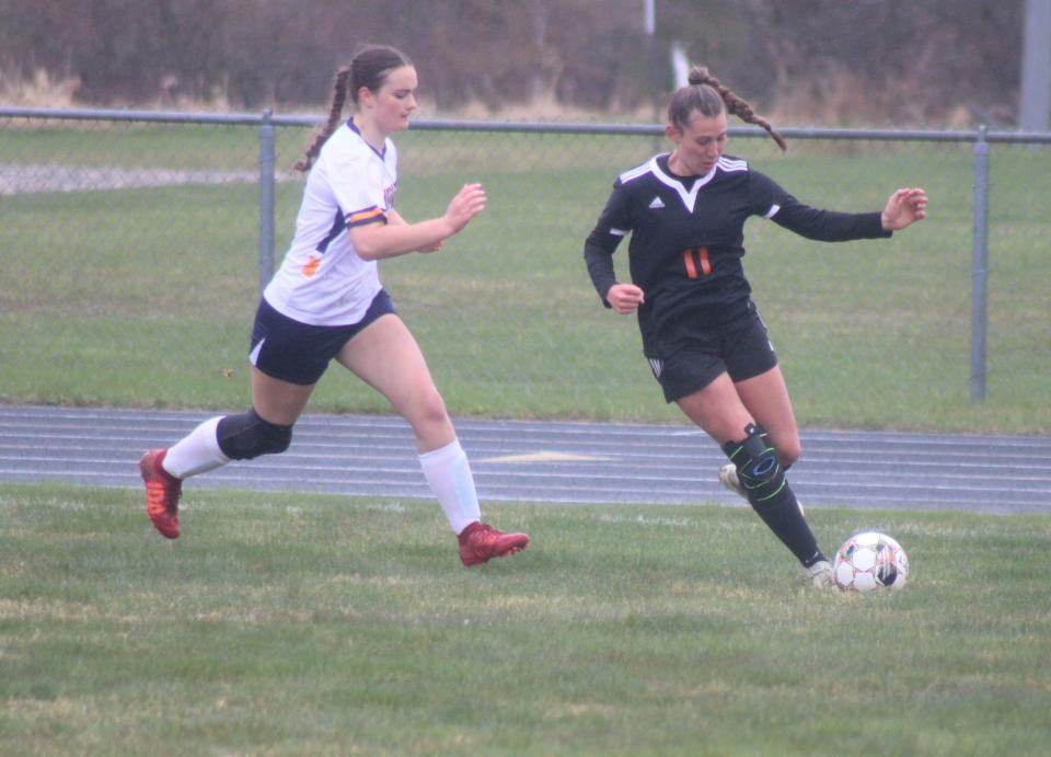 Cheboygan freshman Jaelyn Wheelock (right) attempts to get past a Shepherd player during the first half on Friday.