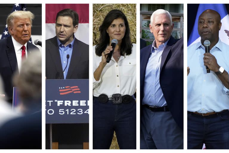 Esta combinación de fotografías de 2023 muestra, de izquierda a derecha, al expresidente Donald Trump; al gobernador de Florida, Ron DeSantis; a la ex embajadora ante la ONU Nikki Haley; al exvicepresidente Mike Pence y al senador de Carolina del Sur Tim Scott. (AP Foto/Charlie Neibergall, Meg Kinnard)