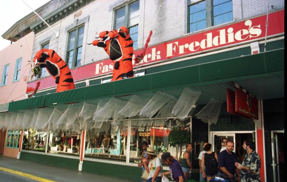 Call of the Wild decorations spring up all over Key West, including a pair of tiger claws and the cobwebby hangings at Fast Buck Freddie’s on Duval Street.