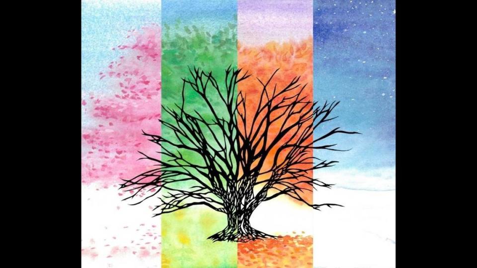 Emi Mizuno, set designer for Sensory Friendly Dance’s “Tanabata-- The Story of Orihime & Hikoboshi,” combined her skills in paper cutouts with water color to create nine layered backgrounds for the ballet. Pictured above is a combination of four backgrounds scanned together, each representing one of the four seasons.