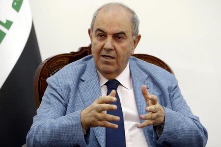 FILE PHOTO: Iraq's Vice President Ayad Allawi speaks during an interview with Reuters in Baghdad July 14, 2015. REUTERS/Khalid al-Mousily/File Photo