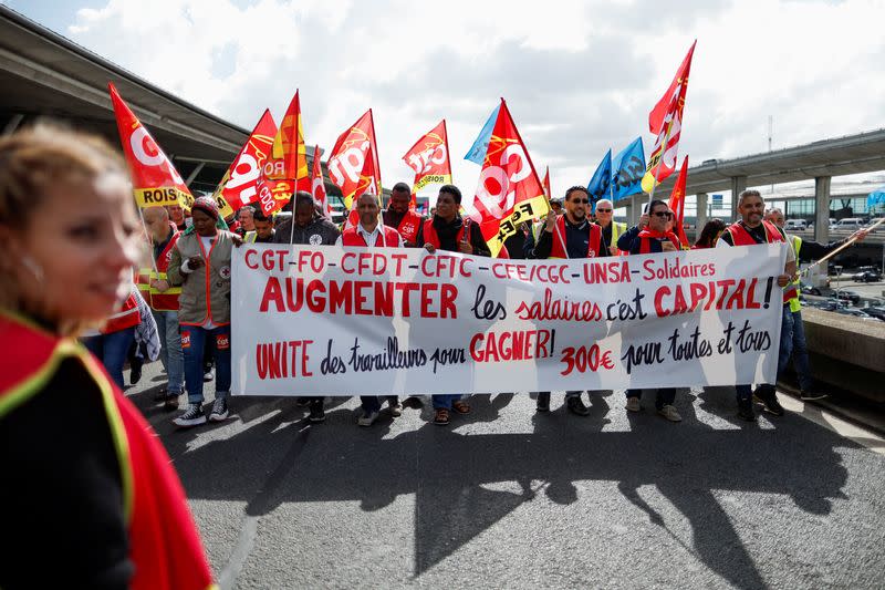 Protest against low wages at the Paris-Charles de Gaulle airport in Roissy, near Paris