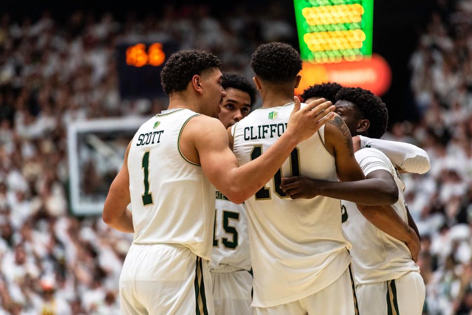 Colorado State University’s mens basketball team huddle up during a game against CU at Moby Arena in Fort Collins, Colo., on Wednesday, Nov. 29, 2023.