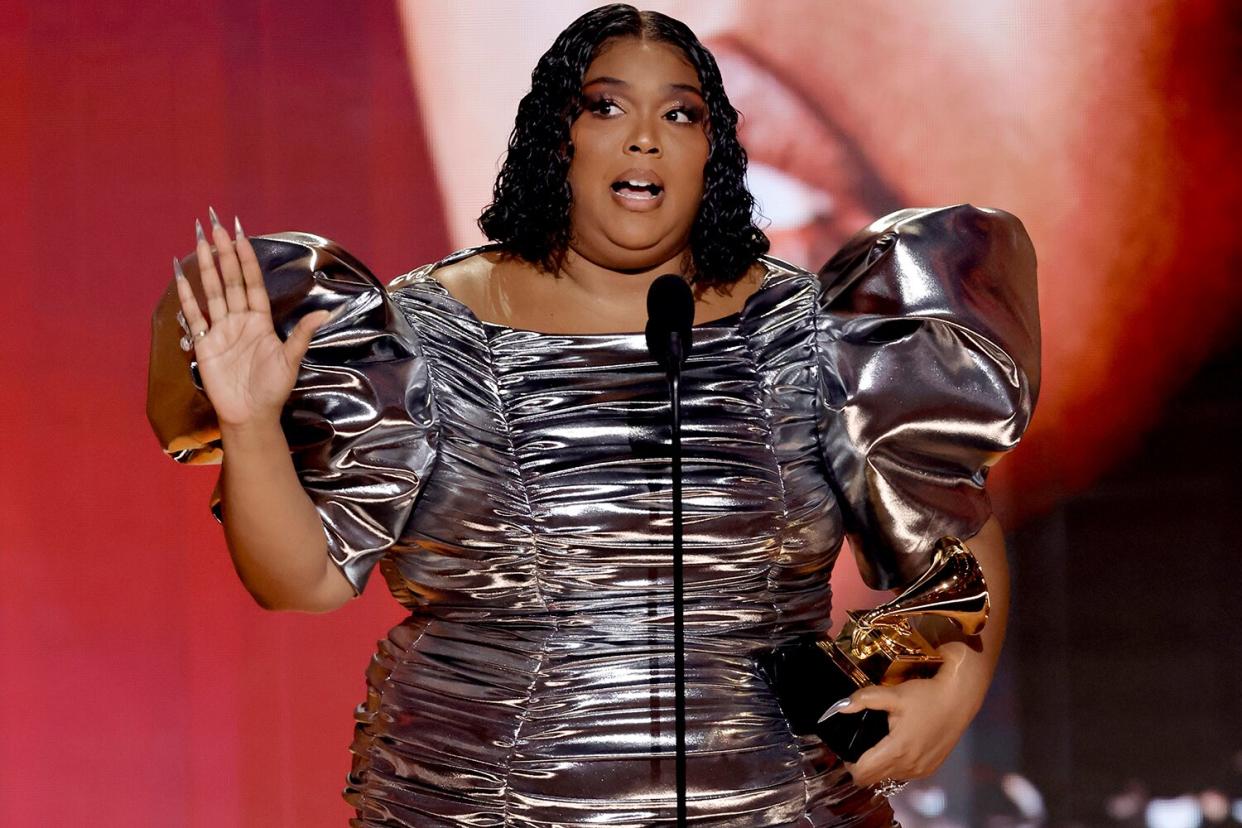 Lizzo accepts the Record Of The Year award for “About Damn Time” onstage during the 65th GRAMMY Awards at Crypto.com Arena on February 05, 2023 in Los Angeles, California.