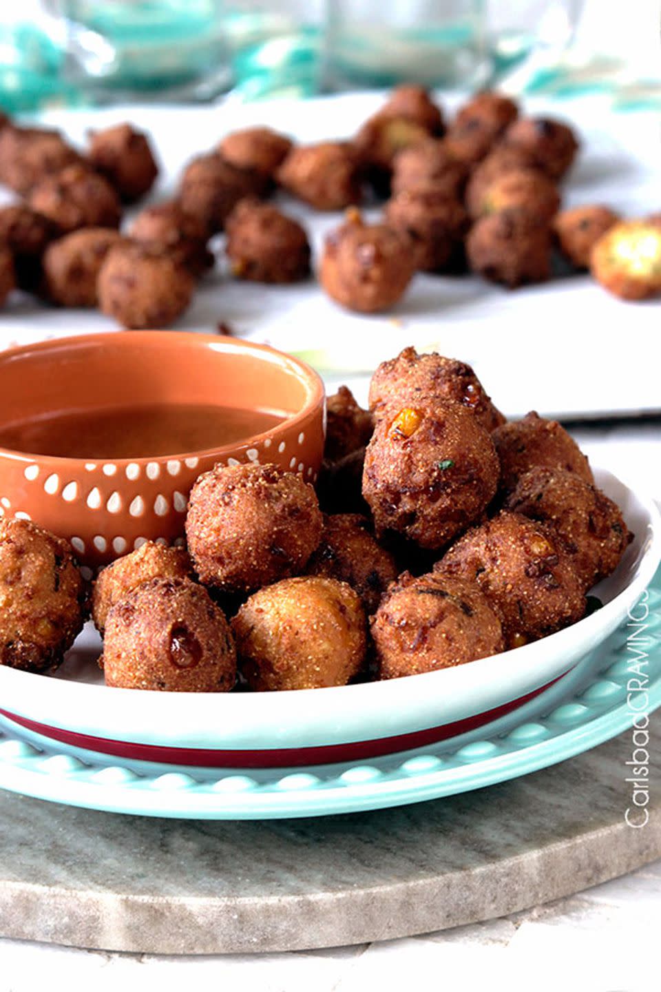 Bacon & Pepper Jack Hush Puppies with Sweet Chili Dijon Sauce