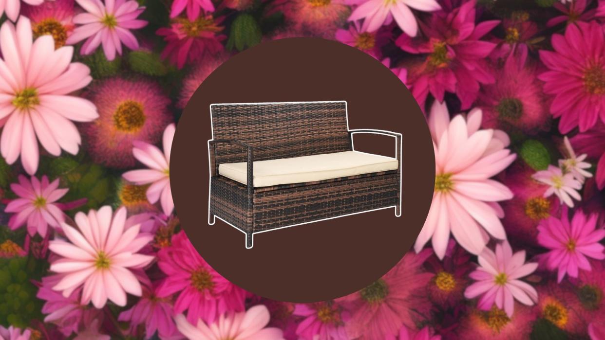  A rattan outdoor storage bench in a brown circle on a pink floral background. 