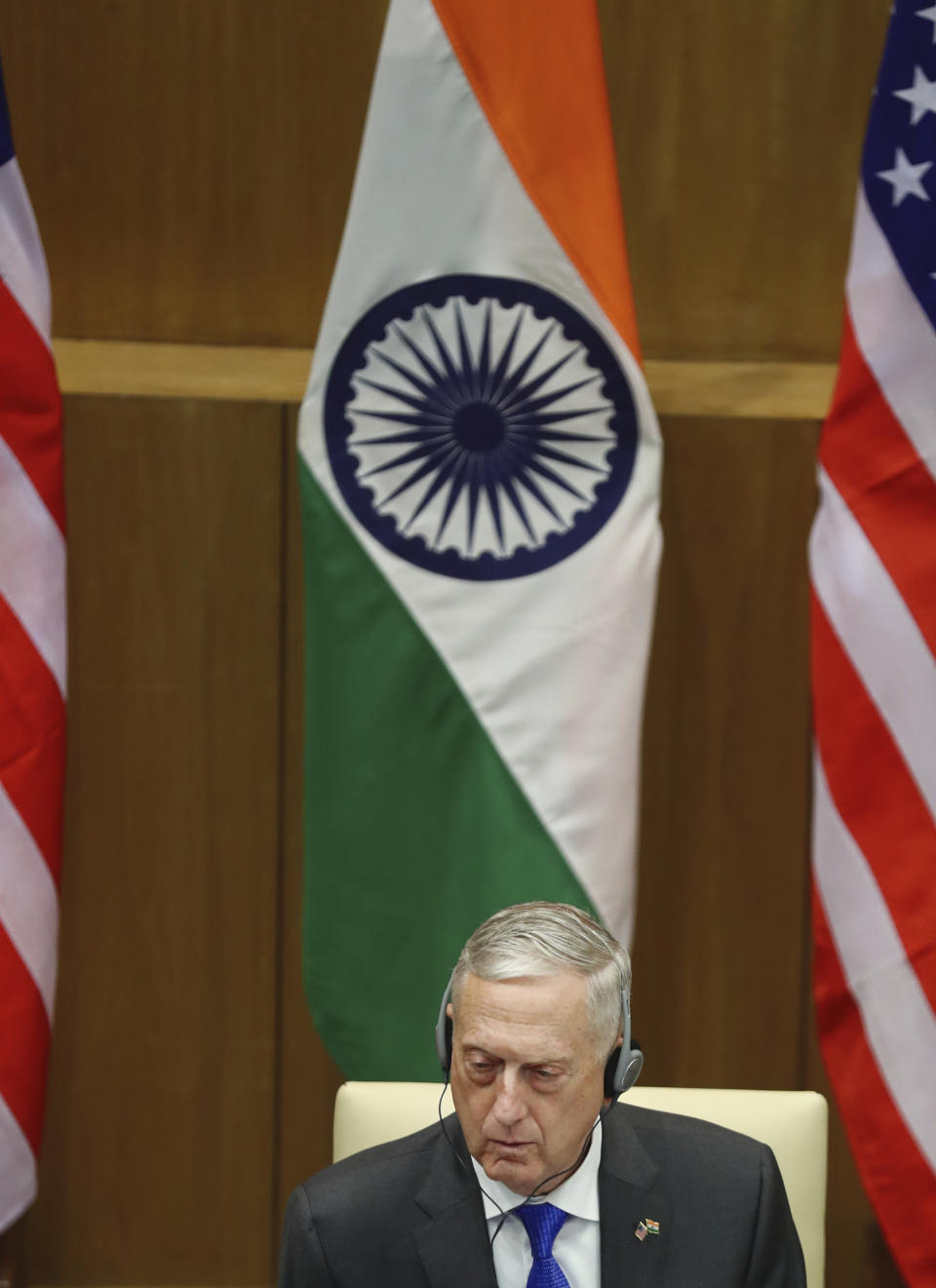 U.S. Defense Secretary James Mattis, listens to the press statement made by Indian Foreign Minister Sushma Swaraj after the so-called "2+2" talks in New Delhi, India, Thursday, Sept. 6, 2018. U.S. Pompeo and Mattis held long-delayed talks Thursday with top Indian officials, looking to shore up the alliance with one of Washington's top regional partners. (AP Photo/Manish Swarup)