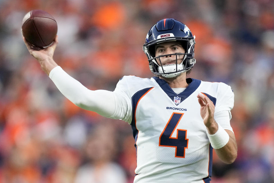 Denver Broncos quarterback Jarrett Stidham passes against the Los Angeles Rams during the first half of an NFL preseason football game Saturday, Aug. 26, 2023, in Denver. (AP Photo/David Zalubowski)