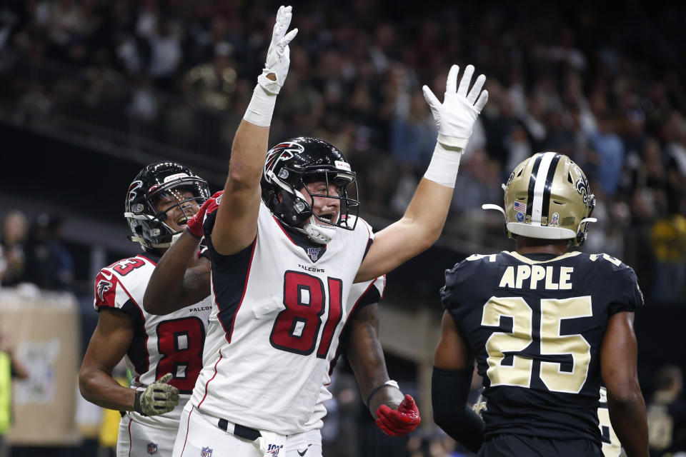 Atlanta Falcons tight end Austin Hooper (81) celebrates his touchdown reception in front of New Orleans Saints cornerback Eli Apple (25) in the first half of an NFL football game in New Orleans, Sunday, Nov. 10, 2019. (AP Photo/Butch Dill)