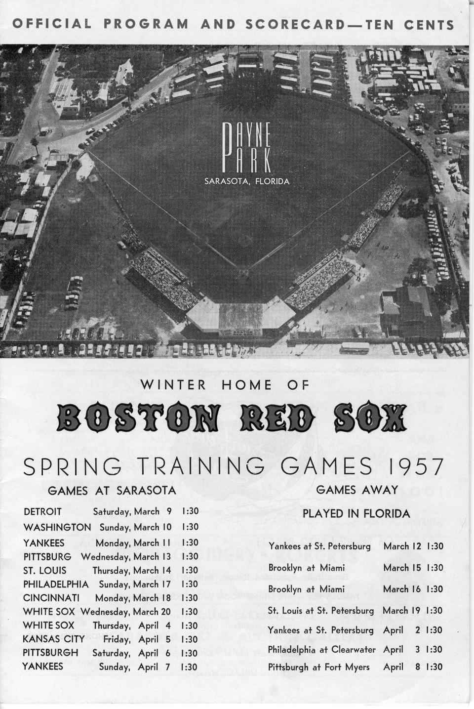 Program for 1957 schedule with aerial of Payne Park.