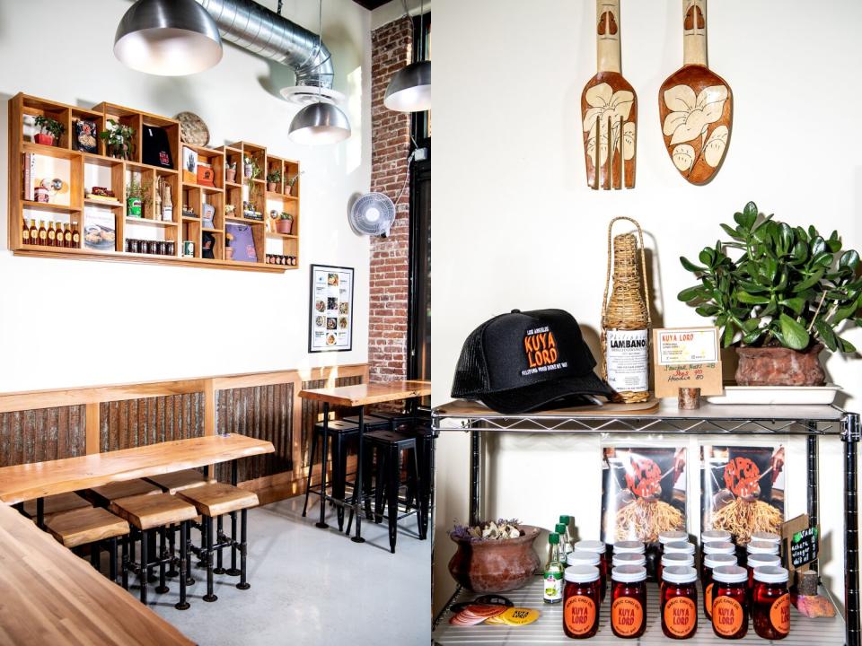 The dining room at Kuya Lord, left, bottled chili oil and some other Kuya Lord merch on display.