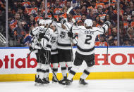 Los Angeles Kings celebrate a goal against the Edmonton Oilers during the first period of Game 1 of an NHL hockey Stanley Cup first-round playoff series, Monday, May 2, 2022 in Edmonton, Alberta. (Jason Franson/The Canadian Press via AP)