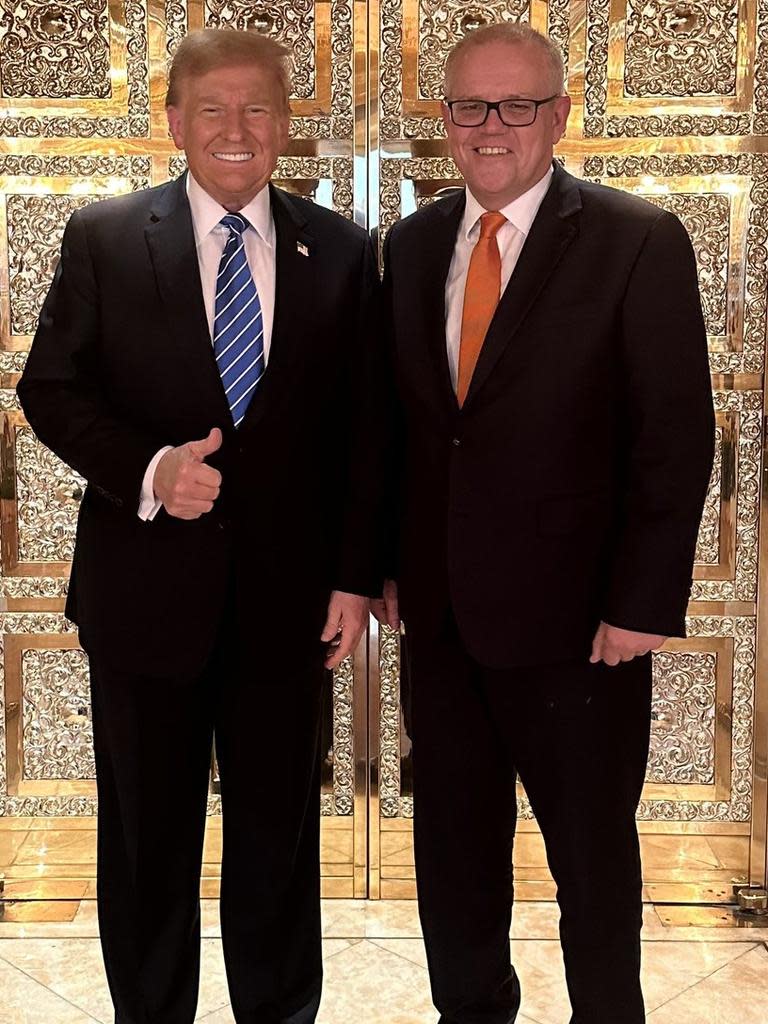 Scott Morrison meets with Donald Trump: "Was pleased to meet with former President Donald Trump on Tuesday night at his private residence in NY.  It was nice to catch up again, especially given the pile on he is currently dealing with in the US.  Was also a good opportunity to discuss AUKUS, which received a warm reception. We also discussed the continuing assertions of China in the Indo-Pacific and the threats against Taiwan. These were issues we discussed regularly when we were both in office. Once again, the former President showed his true appreciation of the  value he places on the Australia-US alliance and the shared role of supporting what our friend, Shinzo Abe, called a free and open Indo-Pacific. Good to see you DJT and thanks for the invitation to stay in touch. All the best." Picture: Twitter