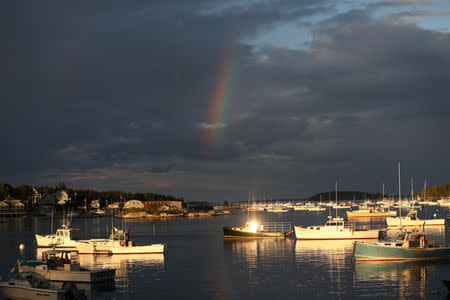 A rainbow is seen in the sky above lobster boats in the harbour of Stonington, Maine, U.S., July 4, 2017. REUTERS/Shannon Stapleton