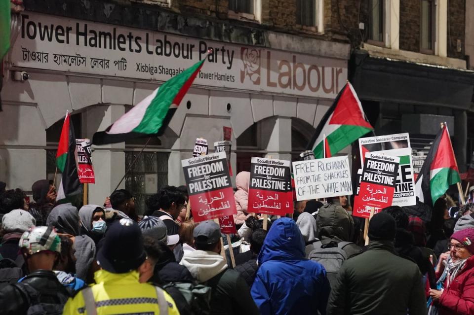 Protest outside the office of the Tower Hamlets Labour Party against the party’s stance on the war in Gaza (PA)