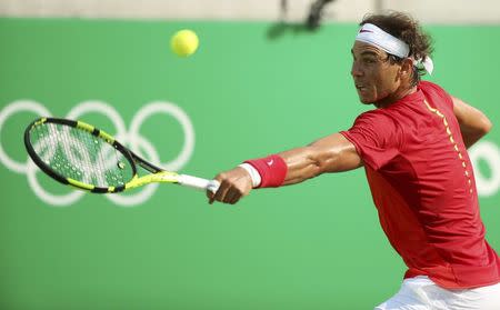 2016 Rio Olympics - Tennis - Preliminary - Men's Singles Second Round - Olympic Tennis Centre - Rio de Janeiro, Brazil - 09/08/2016. Rafael Nadal (ESP) of Spain in action against against Andreas Seppi (ITA) of Italy. REUTERS/Kevin Lamarque