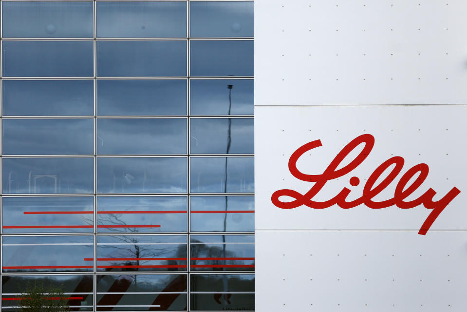 The logo of Lilly is seen on a wall of the Lilly France company unit, part of the Eli Lilly and Co drugmaker group, in Fegersheim near Strasbourg, France, February 1, 2018. Picture taken February 1, 2018. REUTERS/Vincent Kessler