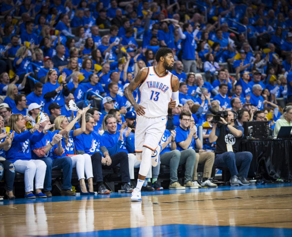 Paul George, a.k.a. Playoff P, earned plenty of fans in Oklahoma City with his performance in the Thunder’s Game 1 win. (Getty)