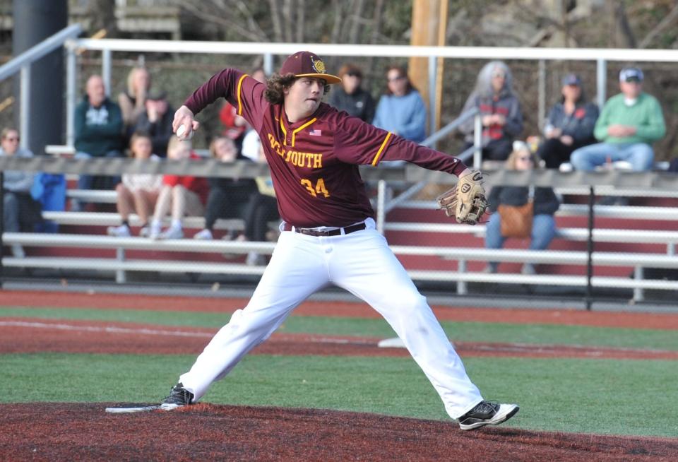 Weymouth reliever Colin McPherson delivers a pitch against North Quincy during high school baseball action at Libby Field in Weymouth on Tuesday, April 4, 2023.