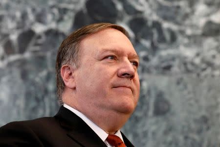 FILE PHOTO: U.S. Secretary of State Mike Pompeo holds a press briefing at U.N. headquarters in New York City, New York, U.S., July 20, 2018. REUTERS/Brendan McDermid /File Photo