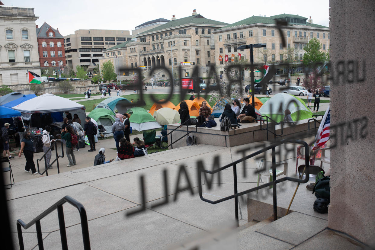 A pro-Palestinian encampment on Library Mall, at the University of Wisconsin-Madison campus on May 2, 2024. (Kaleb Autman/The New York Times)