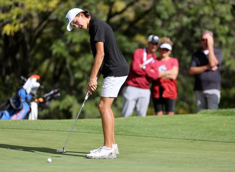 Olympus High School’s Will Pedersen competes in the 5A boys state golf championship at Fox Hollow Golf Club in American Fork on Tuesday, Oct. 10, 2023. Pedersen placed second as an individual after a playoff round. Olympus won as a team. | Kristin Murphy, Deseret News